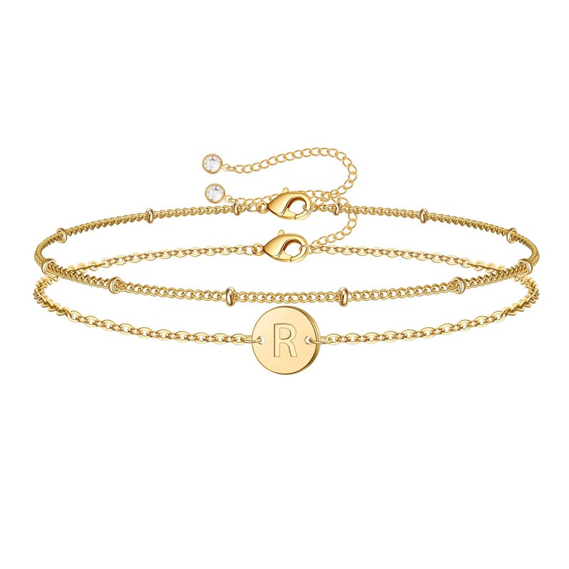 MONOZO Initial Charm Bracelets for Women, Dainty 14K Gold Filled R letter Initial Bracelet Women Disc Monogram Bracelet Jewelry Gifts for Birthday Valentines Thanksgiving Christmas Anniversary - Image 1